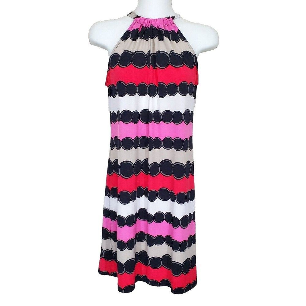Cynthia Rowley Dress Medium Pink Circles Mod Halter Casual Shift Keyhole Tie